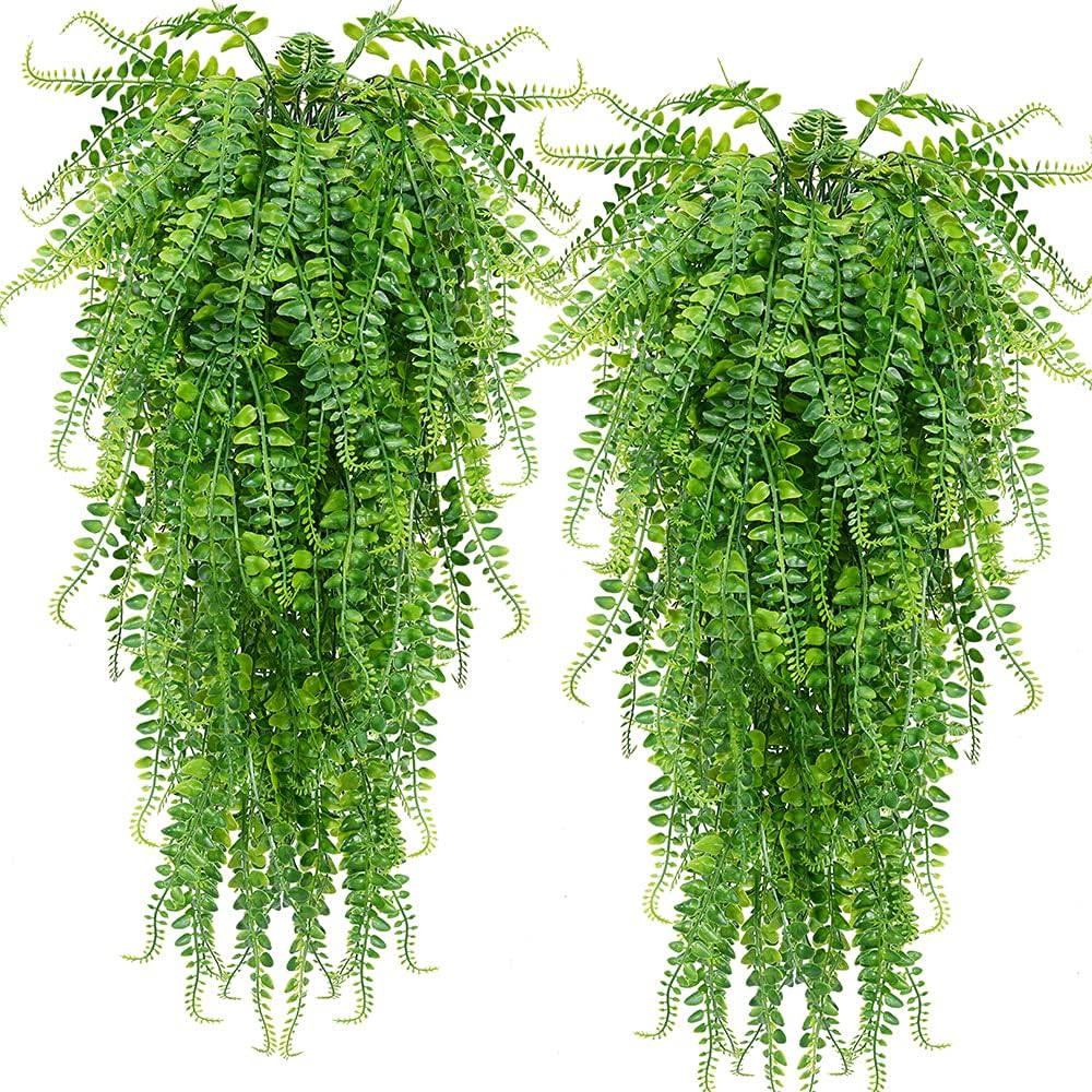 CLONG 2 pcs Artificial Hanging Ferns Plants Vine Fake Ivy Boston Fern Hanging Plant Outdoor UV Resistant Plastic Plants (2, Green)
