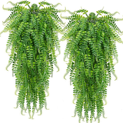 CLONG 2 pcs Artificial Hanging Ferns Plants Vine Fake Ivy Boston Fern Hanging Plant Outdoor UV Resistant Plastic Plants (2, Green)