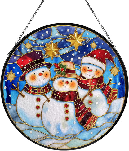 Christmas Decorations Stained Glass Window Hanging, Snowman Suncatcher for Window Hanging, Sun Catchers Indoor Windows Wall Art for Mom Grandma, Christmas Decor or Home Garden Office 7.87 inches