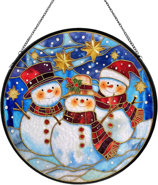 Christmas Decorations Stained Glass Window Hanging, Snowman Suncatcher for Window Hanging, Sun
