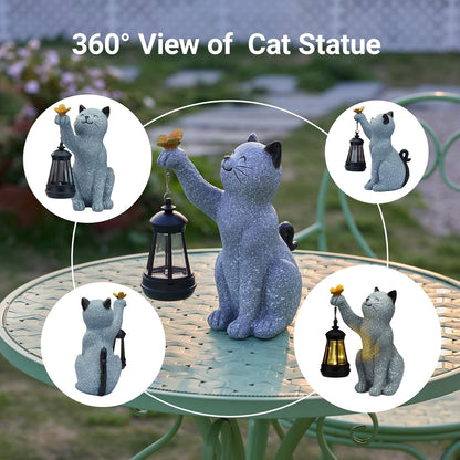 Solar Cat Garden Statue Outdoor Decor, Cat Sculpture with Lantern and Butterfly for Yard Lawn Patio Balcony, Christmas, Birthday Housewarming Gifts for Mom, Grandma, Women, 9.4 inch, Resin