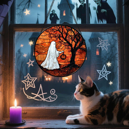 Stained Glass Window Hanging - Halloween Ghost Holding A Pumpkin Lantern Suncatcher for Door Garden Spooky Tree Sun Catchers Gothic Decorations Horror Gifts for Women Men Friend 7.8 in
