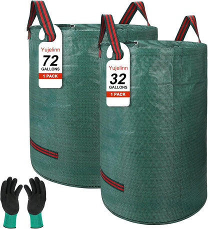 Reusable Yard Waste & Lawn and Leaf Bags with Gloves Pack - 72 & 32 Gallon Heavy Duty Lawn Trash Bags, Multi-Purpose: Garden Debris, Leaf Collection & Tool Storage, Collapsible for Easy Storage