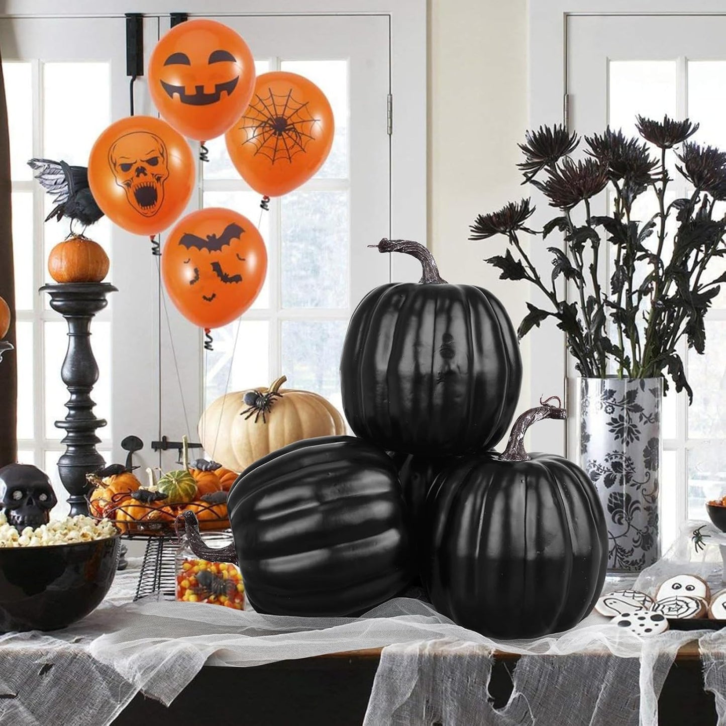 Artmag 6 Inch Large Artificial Pumpkins, 4PCS Big Black Faux Foam Harvest Pumpkins for Fall Autumn Thanksgiving Seasonal Holiday Decor