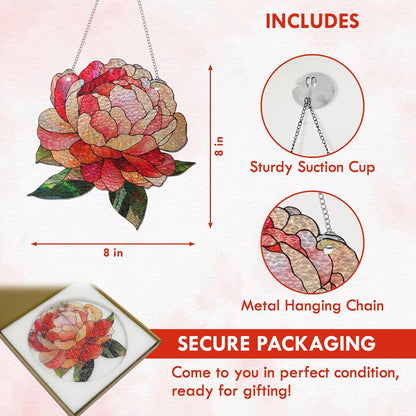 FLAGWIX Christmas Peony Flowers Gifts for Grandma - Stained Glass Window Hanging 10 in - Birthday Gifts for Women Mom, Grandma Gift, Peony Sun Catchers Indoor Window, Suncatchers Christmas Decorations
