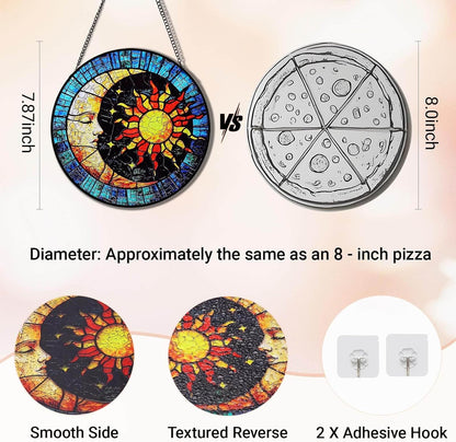 Sun and Moon Suncatcher Stained Glass Window Hanging | 8" Round Vibrant Sun Catchers Indoor Window & Wall Art Decor | Stain Glass Panel Gift for Women | Birthday & Housewarming Gifts