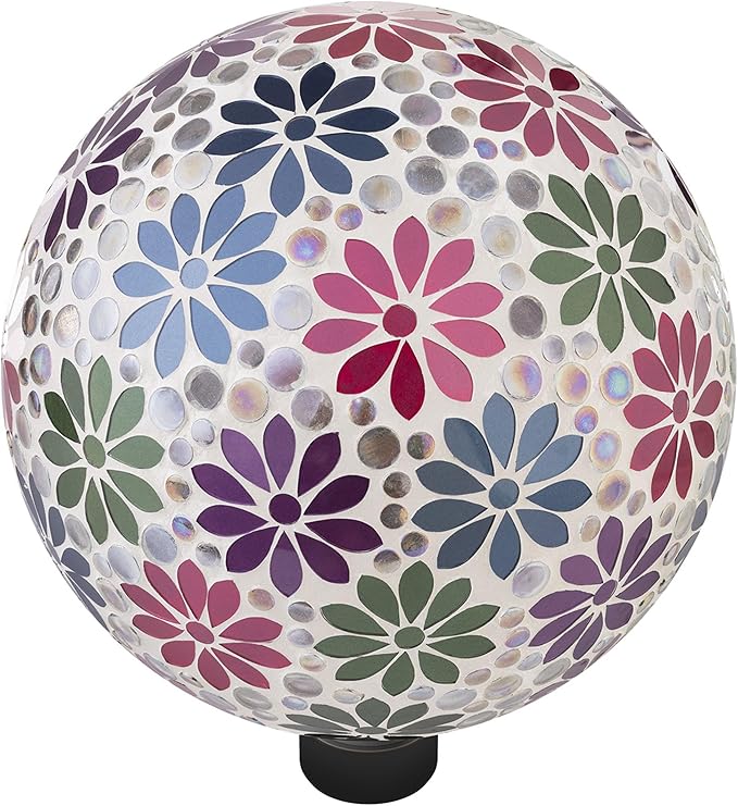 Alpine Corporation 10" Diameter Indoor/Outdoor Glass Mosaic Gazing Globe Yard Decoration, Colorful Daisy Design