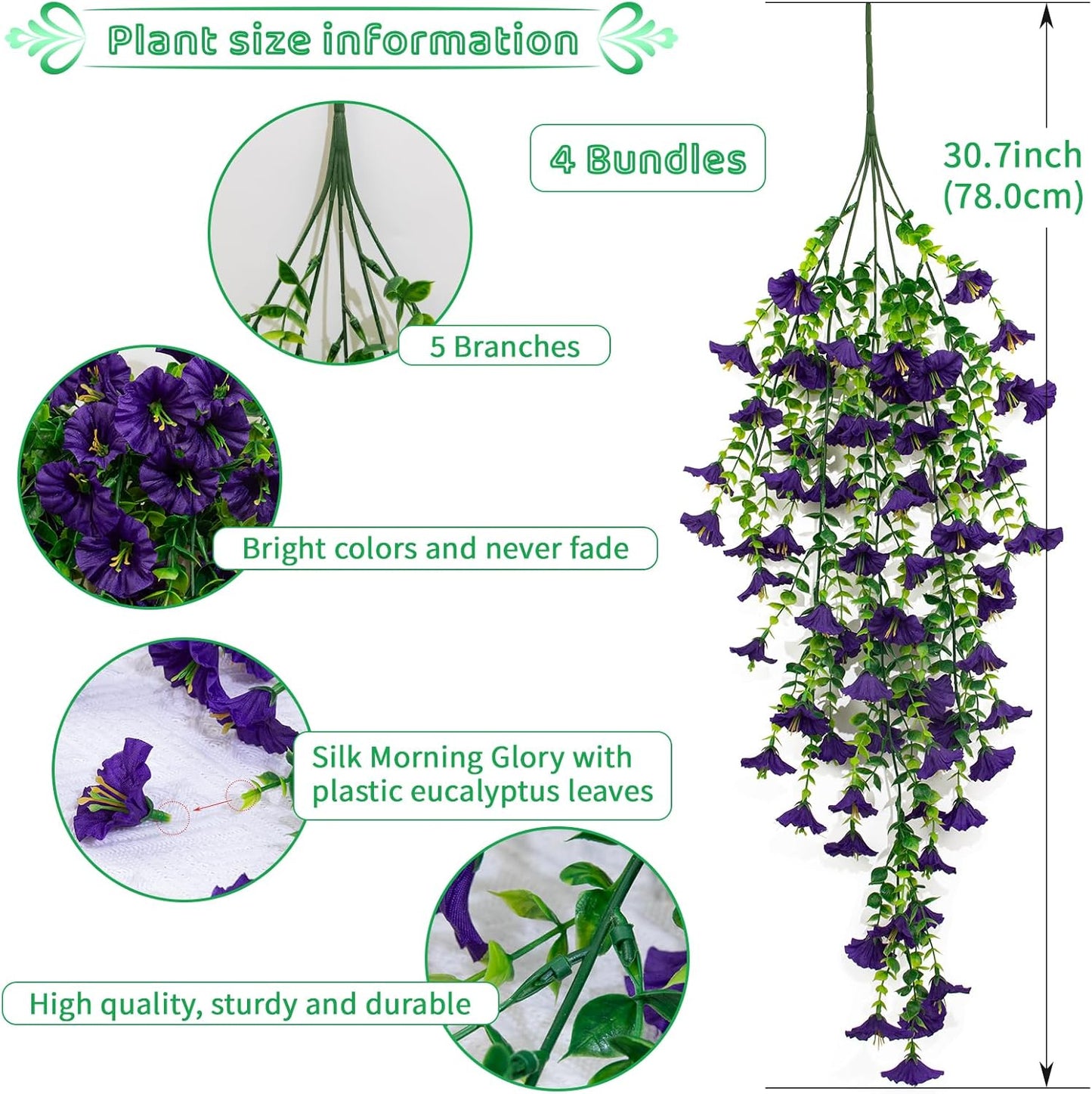 4 Pack Artificial Faux Hanging Flowers Plant for Outdoor, Fake Silk Morning Glory with Eucalyptus UV Resistant Realistic Trailing Vine for Wall Home Porch Patio Balcony Yard Indoor Decor, Purple