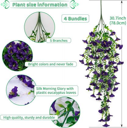 4 Pack Artificial Faux Hanging Flowers Plant for Outdoor, Fake Silk Morning Glory with Eucalyptus UV Resistant Realistic Trailing Vine for Wall Home Porch Patio Balcony Yard Indoor Decor, Purple