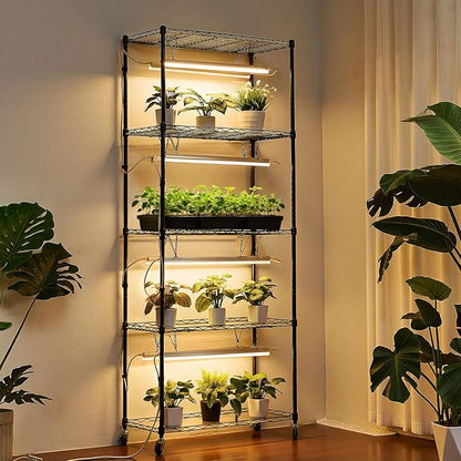 VEVOR Plant Shelf with Grow Light, 6-Tier Indoor Plant Stand, 71 in Tall Plants Display Rack with Wheels & 4/9/14H Timer, 80W T5 LED Full Spectrum Grow Lights, Flower Pot Holder for Seed Starting