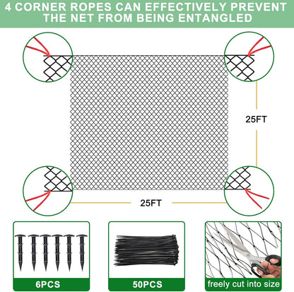 25'x25' Bird Netting for Chicken Coop, Nylon 3/4" Mesh Poultry Netting Chicken Net Roof Hawk, Aviary Net Deer Fence Pests Trellis Garden Nettings for Fruits Trees Plant