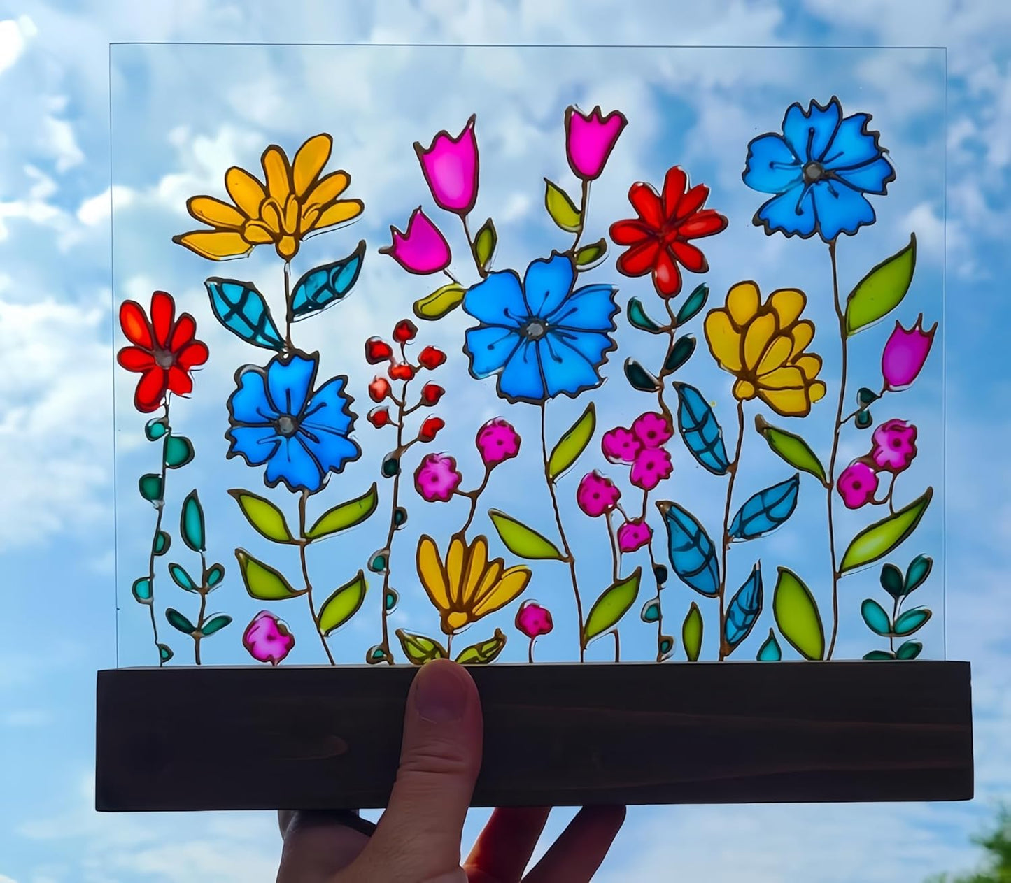Wildflower Sun Catcher with Wooden Platform Stained Glass Suncatcher Wildflowers Gifts for Women Hand Painted Windowsill Decoration Housewarming Birthday Gift for Women Mother Mom Grandma Friends