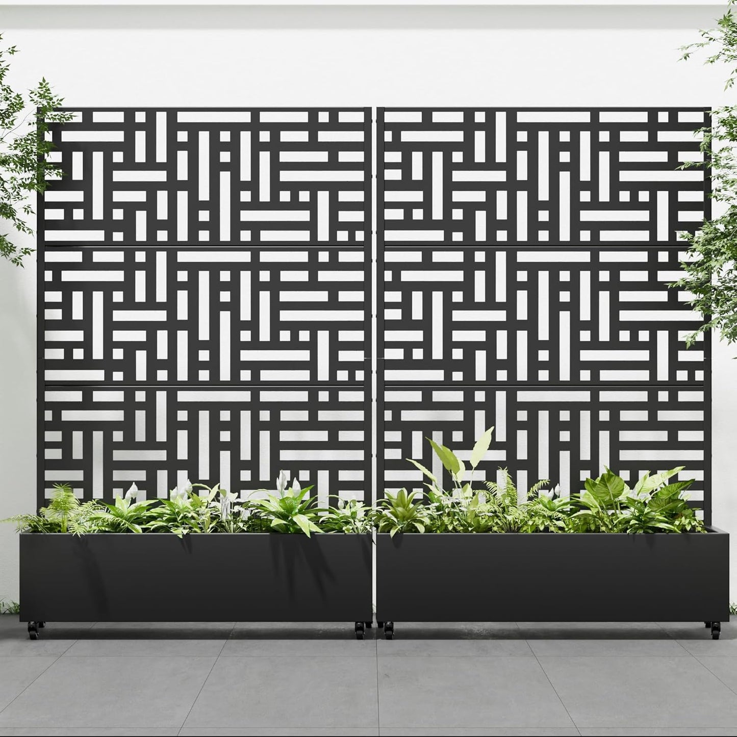 Casaphoria 72"x47" Metal Raised Garden Bed with Trellis(2 Pack), Outdoor Planter Box with Wheels & Drainage Holes for Climbing Plants, Flowers, Elevated Garden Kit with Privacy Screen, Black-Helen