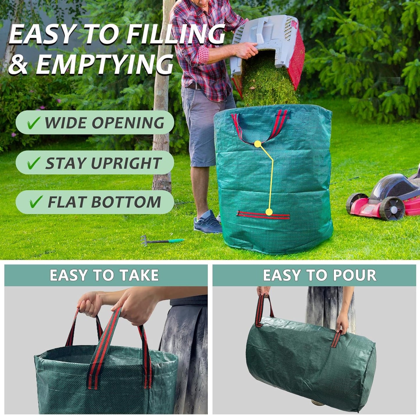 2 Pack 32 Gallon Reusable Yard Waste Bags (Green + Black), Collapsible Heavy Duty Lawn & Leaf Bags with Reinforced Handles for Leaf Collection, Yard Cleanup, Storage