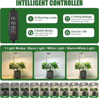 Small Halo Grow Light with Base, 48 LED Full Spectrum Indoor Plant Grow Light, Height Adjustable, 3 Spectral Modes, 10 Brightness Levels, Automatic Timer 3/9/12 Hours, Black