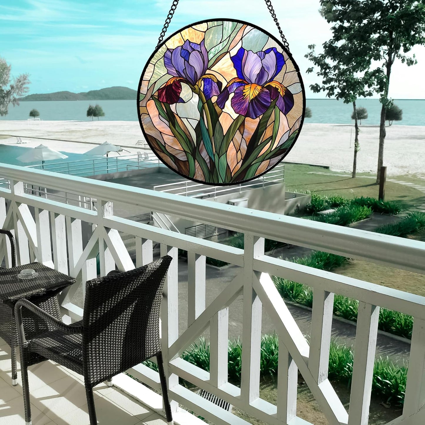 Stained Glass Window Hanging, Purple Blue Iris Birth Flower Suncatcher for Doors Garden Yard Sun Catchers Decor Christmas Mother's Day Birthday Gifts for Teacher Women Mom Nana Wife 15 in