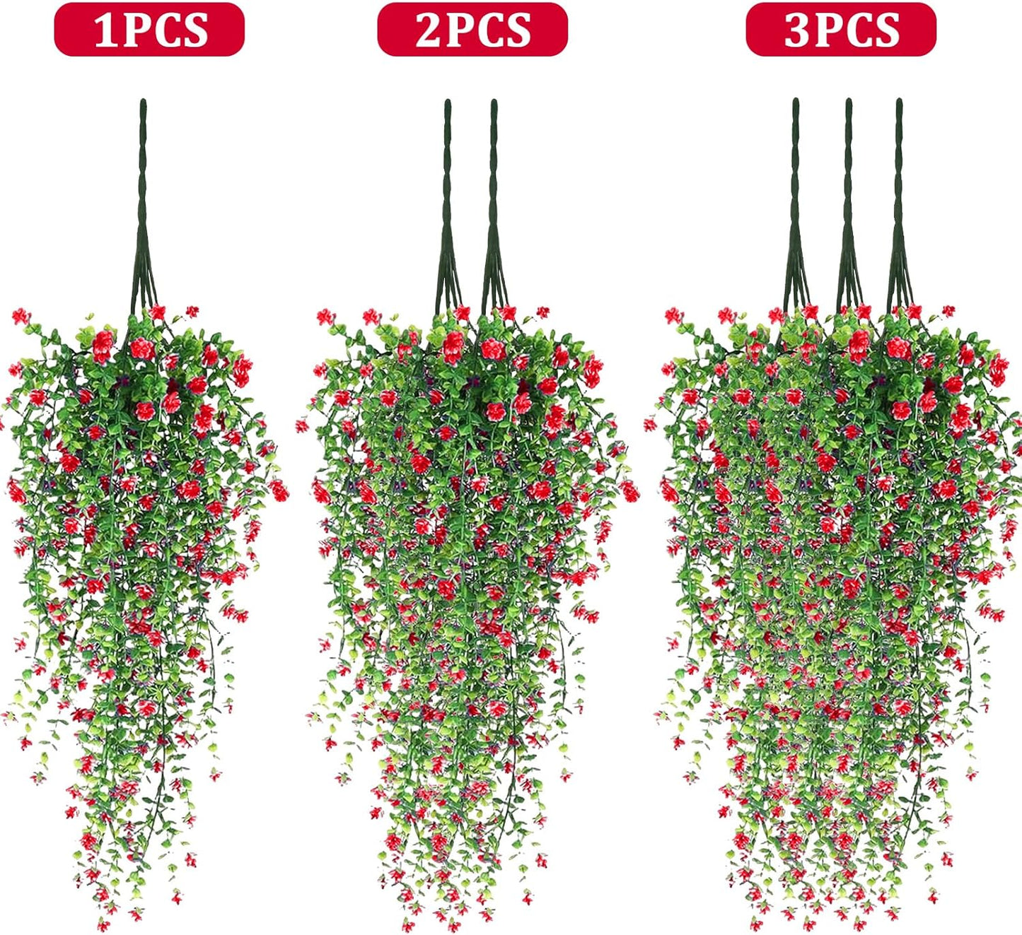 Artificial Hanging Flowers, 3 Pcs Fake Hanging Plants Artificial Vines for Outdoors, Fake Ivy Vine UV Resistant No Fade Faux Plants for Indoor Outside Garden Patio Yard Greenery Decoration (Red)