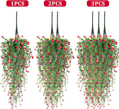 Artificial Hanging Flowers, 3 Pcs Fake Hanging Plants Artificial Vines for Outdoors, Fake Ivy Vine UV Resistant No Fade Faux Plants for Indoor Outside Garden Patio Yard Greenery Decoration (Dark Red)