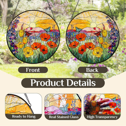 Stained Glass Window Hanging Sunrise Suncatcher, Renyalora 10 Inch Round Wildflower Glass Sun Catcher for Window Wall Art for Home, Patio, Porch, Outdoor Garden Décor Gift for Nature Lovers & Women