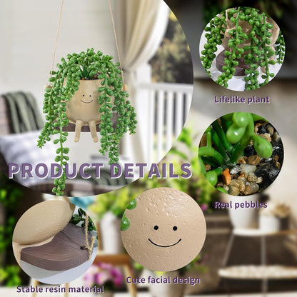Artificial Succulents Hanging Plants Fake String of Pearls Trailing Plant in Cute Smiley Face Pot for Home Decor, Indoor Outdoor Wall Window Hanging Decorations (Includes Hanging Hook)
