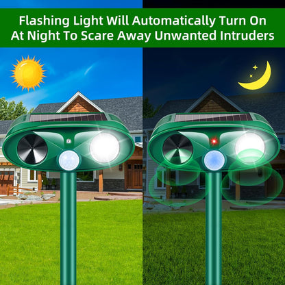 4 Pack Solar Ultrasonic Animal Repellent Outdoor Squirrel Raccoon Fortress Pro,Cat Deer Repellent with Motion Sensor & Strobe Light,Waterproof Dog Rabbit Deterrent for Garden Yard