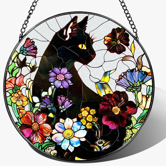Stained Glass Window Hanging, 8 Inch Black Cat Sun Catcher, Stained Glass Suncatcher, Suncatchers