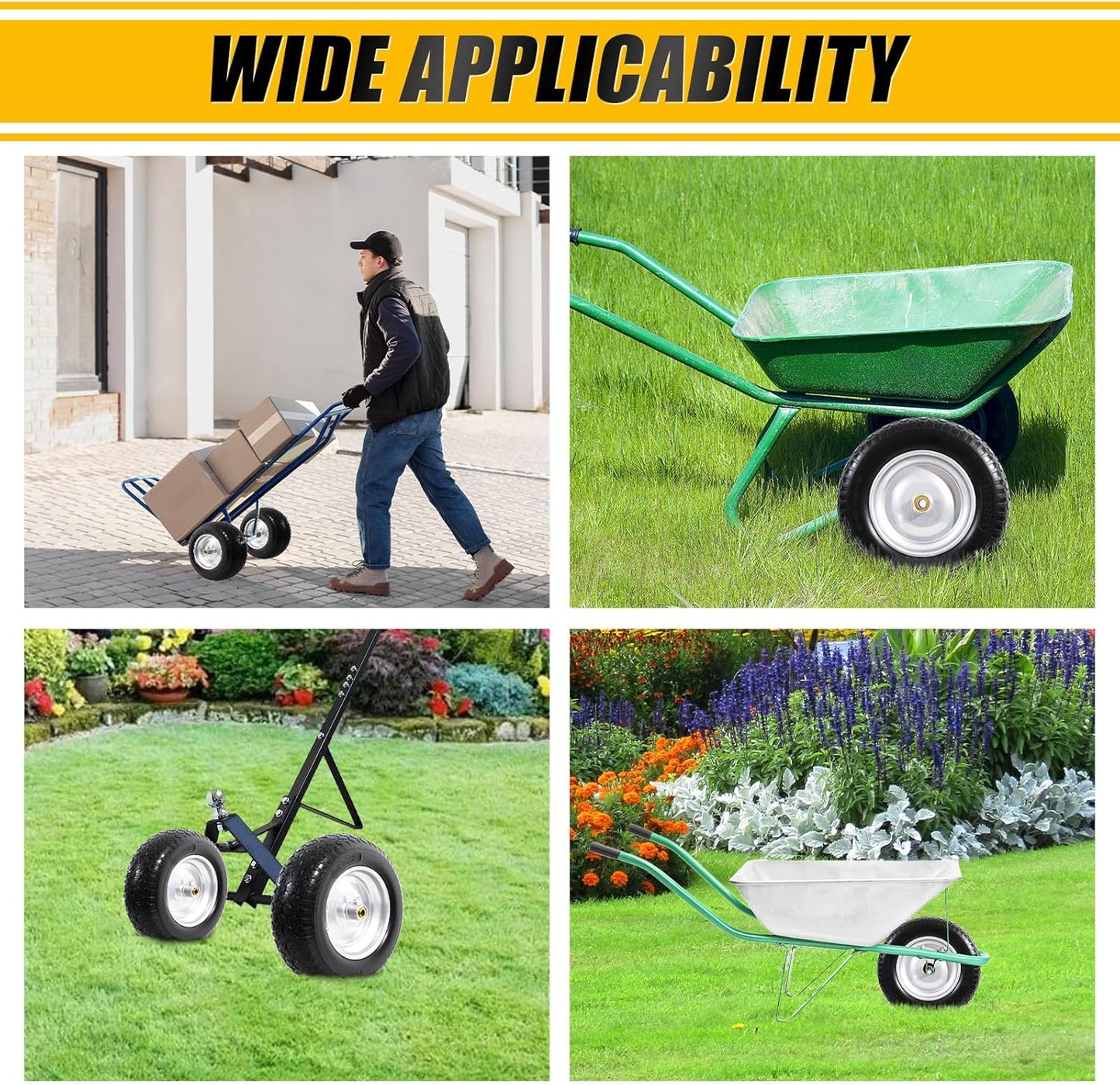 MZREXN 14.5" Wheelbarrow Tire Flat-Free 3.00/3.25/3.50/4.00-8" Solid Tire and Wheel with 3"-7" Centered Hub, 3/4" & 5/8" Bearings Replacement for Hand Truck/Dolly/Utility Cart/Garden Cart 1PCS Silver