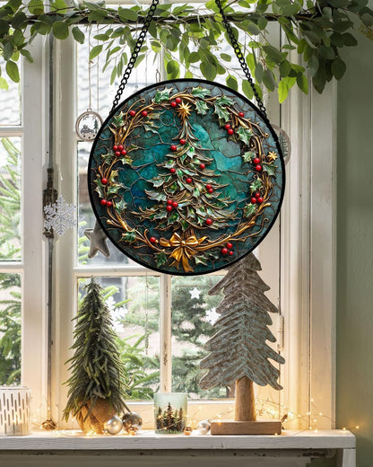 Stained Glass Window Hangings - Red Gold Green Wreath Suncatcher for Door Home Christmas Tree Decoration Sun Catcher Thanksgiving New Year Birthday Gift for Women Men Mom Grandma 7.8 in