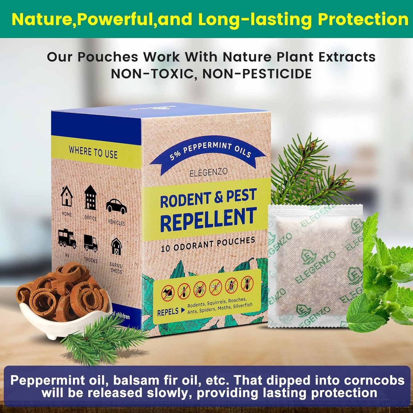 ELEGENZO Mouse Repellent Pouches with Peppermint Oil - Repels Mice, Rats, Squirrels, Roaches, Ants, Spiders, Moths (1 Count (Pack of 10))
