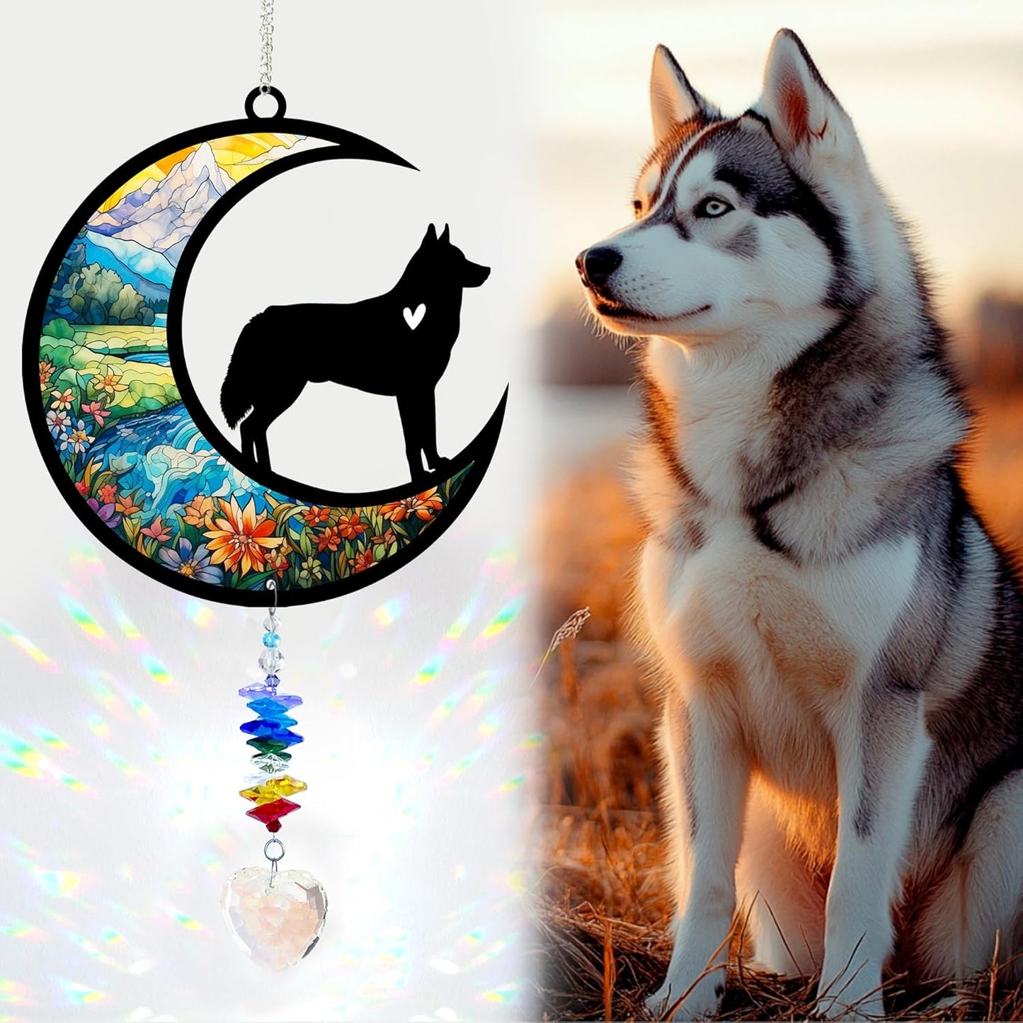 Husky Suncatcher, Personalized Pet Loss Gift with Name & Date, Heart-Shaped Crystal Sun Catcher, Dog Remembrance Sympathy Rainbow Maker for Window & Garden