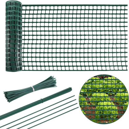 Plastic Garden Fencing Roll Safety Construction Barrier Outdoor Snow Mesh Fence Garden Netting, 1.2 Inch Mesh, Coated Iron Wire Support Stakes, Cable Ties for Garden (Green,2 x 100 Feet)