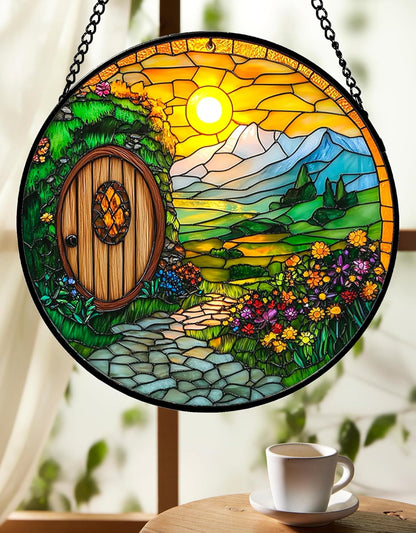 Sunshine Cottage Stained Glass Sun Catcher - Handcrafted 7.87 Inch, Shire Style Art Catcher Decor, Stained Glass Window Hanging, Outdoor Garden Decor Gift, Gift for Friends, Family, Coworkers