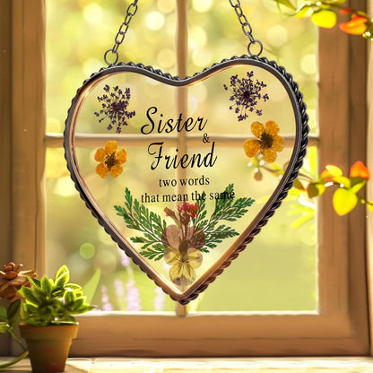 KY&BOSAM Stained Glass Sister Heart Suncatcher Window Hanging Decor with Pressed Real Flower for Sister Birthday Mother's Day