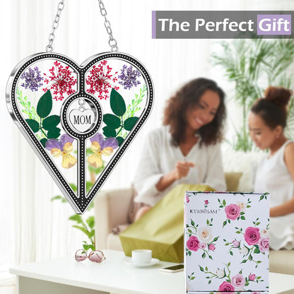 KY&BOSAM Heart Suncatcher Mom Gifts Stained Glass for Windows Hangings Wind Chimes Ornament,Pressed Flower in Glass and Metal Trim Mom Heart Charm Gift for Women Mother`s Day Birthday Christams Decor