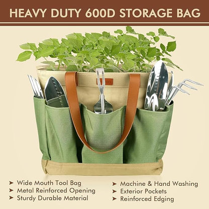 YAUNGEL Gardening Tools - 10 Pcs Garden Tool Set Heavy Duty Stainless Steel Garden Supplies Hand Tools with Wooden Handle, Storage Tote Bag, Gardening Gifts for Women and Men