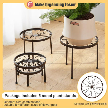 Plant Stand,5 Pack Heavy Duty Flower Pot Stands,Metal Decoration Racks,Round Plant Shelf for Planter Outdoor and indoor (Brown)