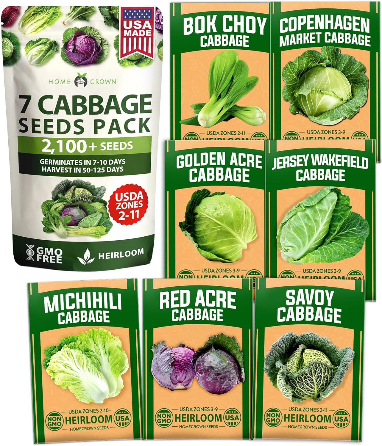 HOME GROWN 7 Cabbage Seeds for Planting - 2000+ Heirloom 𝗡𝗢𝗡-𝗚𝗠𝗢 𝗨𝗦𝗔 Seeds - Golden Acre,BokChoy,Savoy,Michihili, Red Acre, Copenhagen Market,Jersey Wakefield - Vegetable Seeds for Planting