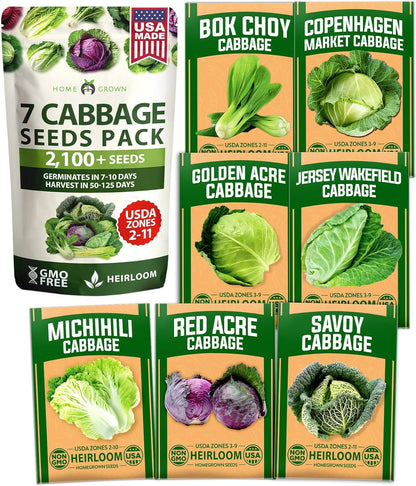 HOME GROWN 7 Cabbage Seeds for Planting - 2000+ Heirloom 𝗡𝗢𝗡-𝗚𝗠𝗢 𝗨𝗦𝗔 Seeds - Golden Acre,BokChoy,Savoy,Michihili, Red Acre, Copenhagen Market,Jersey Wakefield - Vegetable Seeds for Planting