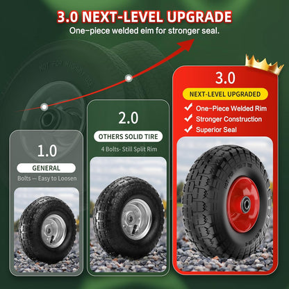 4.10/3.50-4 Tire and Wheel Flat Free,10-Inch Solid Wheel Replacement with 5/8 Bearings,2.2" Offset Hub -Compatible with Hand Truck,Wheelbarrow,Dolly(Red)