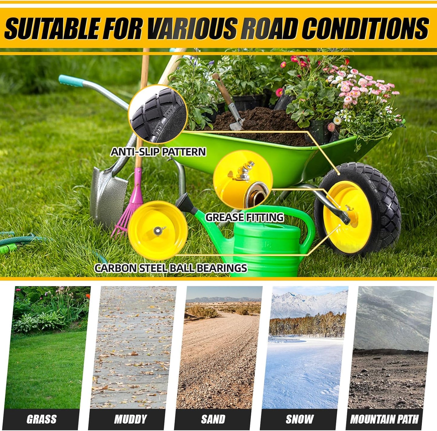 MZREXN 4.80/4.00-8" Flat Free Tire and Wheel 15" Solid Wheelbarrow Tires 3.00-4.00/4.80-8" with 5/8" & 3/4" Bearings, 3" Centered Hub for Hand Truck Garden Trailers Utility Cart Yard Wagon 2PCS Yellow