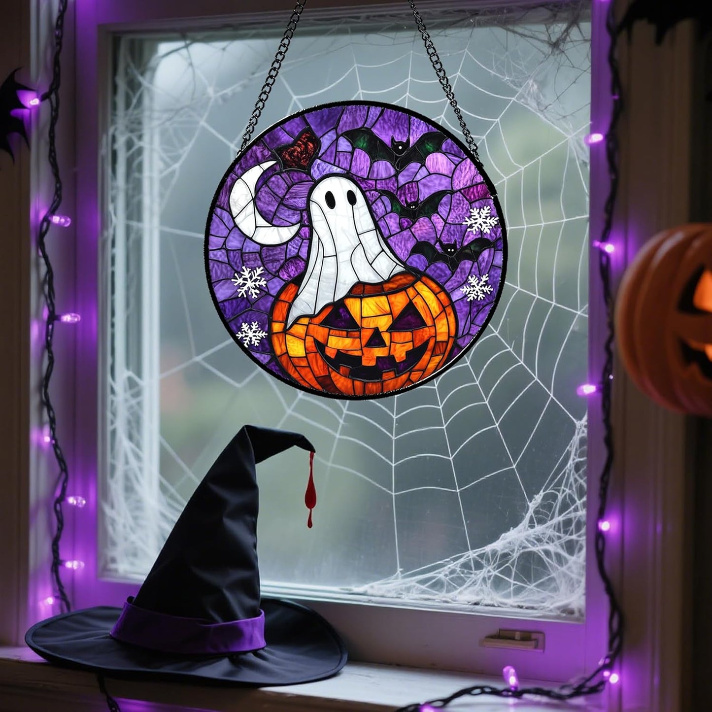Stained Glass Window Hanging Halloween Horror Pumpkin 7.8" - Suncatcher Door Garden Sunroom Gothic Style Ghost Bat Sun Catcher Birthday for Friend Mom Men Woman Nana