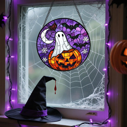 Stained Glass Window Hanging Halloween Horror Pumpkin 9.8" - Suncatcher Door Garden Sunroom Gothic Style Ghost Bat Sun Catcher Birthday for Friend Mom Men Woman Nana