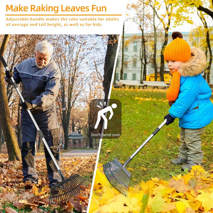 Rake for Leaves, 65 Inch Adjustable Long Handle Garden Leaf Rake, 18 Inch Wide Heavy Duty with 25 Metal Tines for Lawns Yard Shrubs Grass Gardening Camping Garbage Thatch