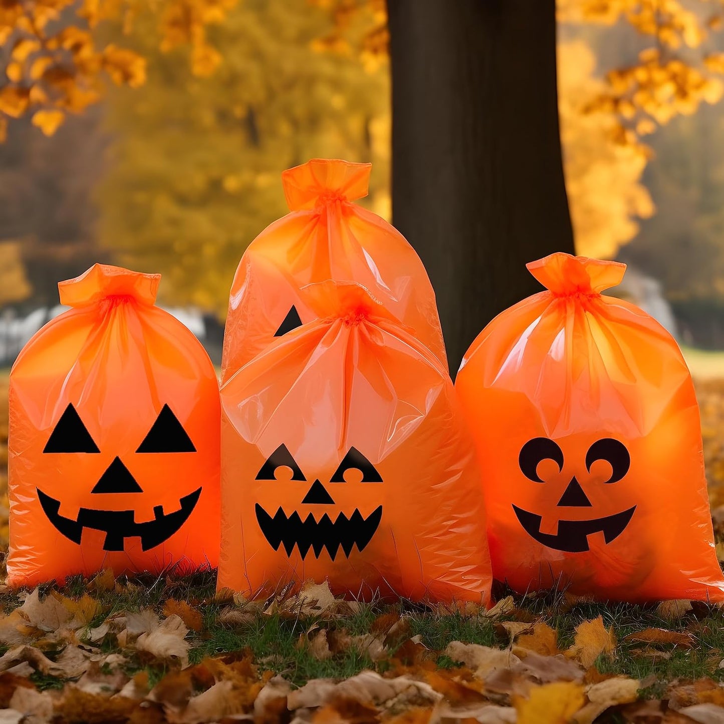 JOYIN 6 Pcs Halloween Pumpkin Leaf Bags, Plastic Lawn Bags for Yard Fall Leaf Halloween Decorations, Jack o' Lantern Reusable Trash Bag for Decor Party Favors, Party Supplies