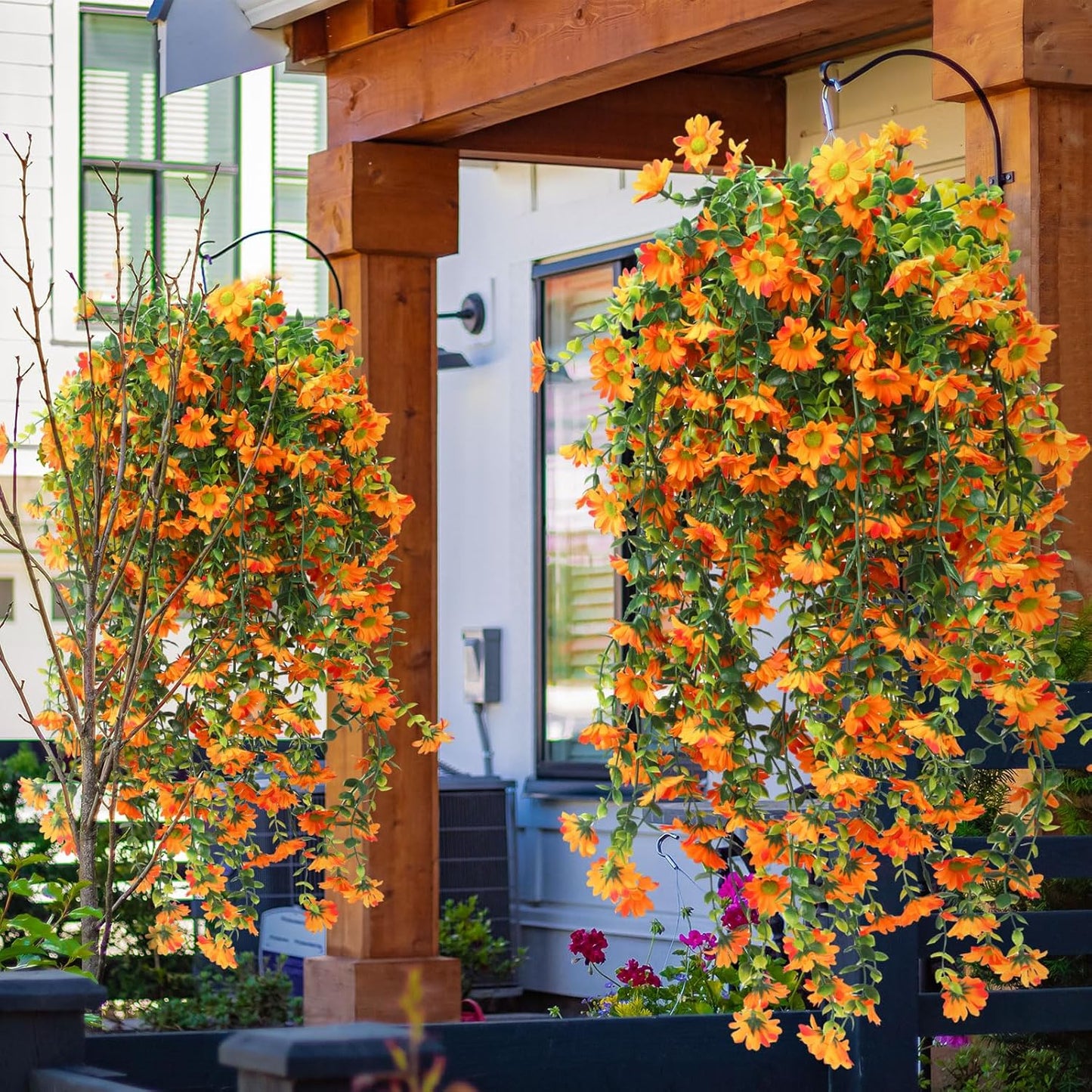 6 Pcs Artificial Fall Hanging Flowers Outdoor Silk Mum Plants Autumn Decor Faux Violet with Eucalyptus Realistic UV Resistant Trailing Vine Thanksgiving Porch Yard(Orange,Chamomile)