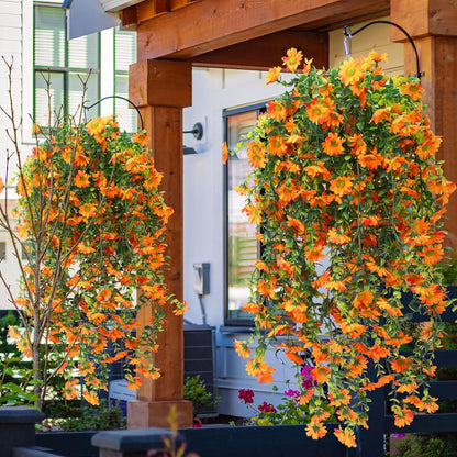 6 Pcs Artificial Fall Hanging Flowers Outdoor Silk Mum Plants Autumn Decor Faux Violet with Eucalyptus Realistic UV Resistant Trailing Vine Thanksgiving Porch Yard(Orange,Chamomile)