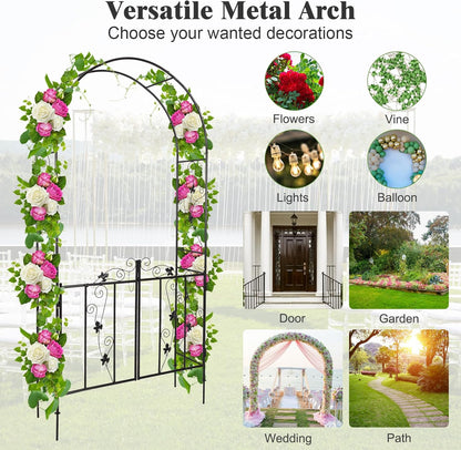 Metal Garden Arch with Gate - Garden Arbor with Gate, Garden Arbor Trellis w/Door for Climbing Plants, Rose, Vine, Wedding, Garden Trellis Arch for Outdoor, Lawn, Backyard, 7'H X 3.6'W, Black