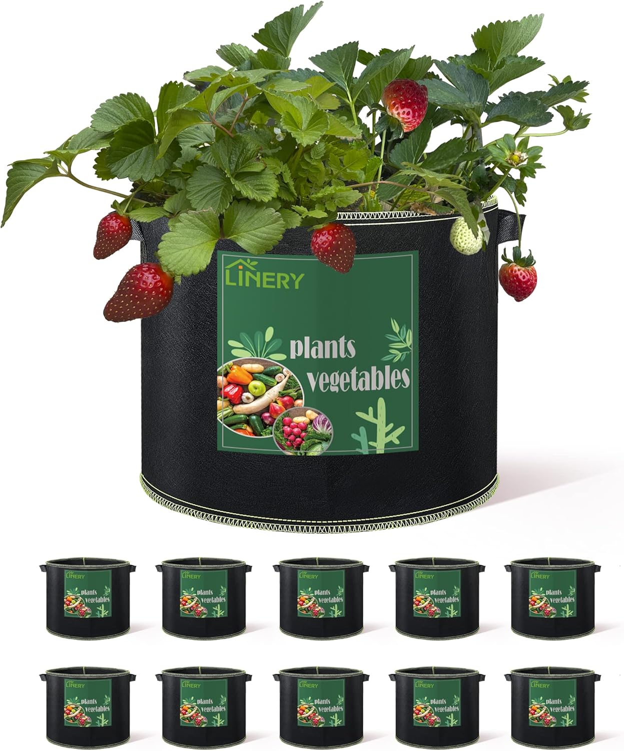 LINERY 10-Pack 15 Gallon Grow Bag Planting Black Heavy Duty Thickened Grow Bag with Handles Non-Woven Fabric Plant Pots (10-Pack 15 Gallon)