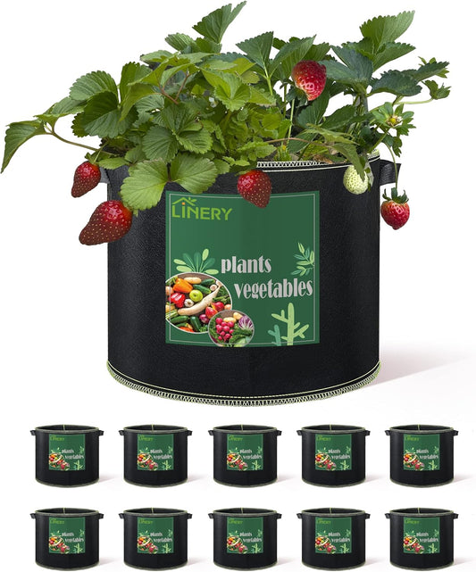 LINERY 10-Pack 15 Gallon Grow Bag Planting Black Heavy Duty Thickened Grow Bag with Handles Non-Woven Fabric Plant Pots (10-Pack 15 Gallon)