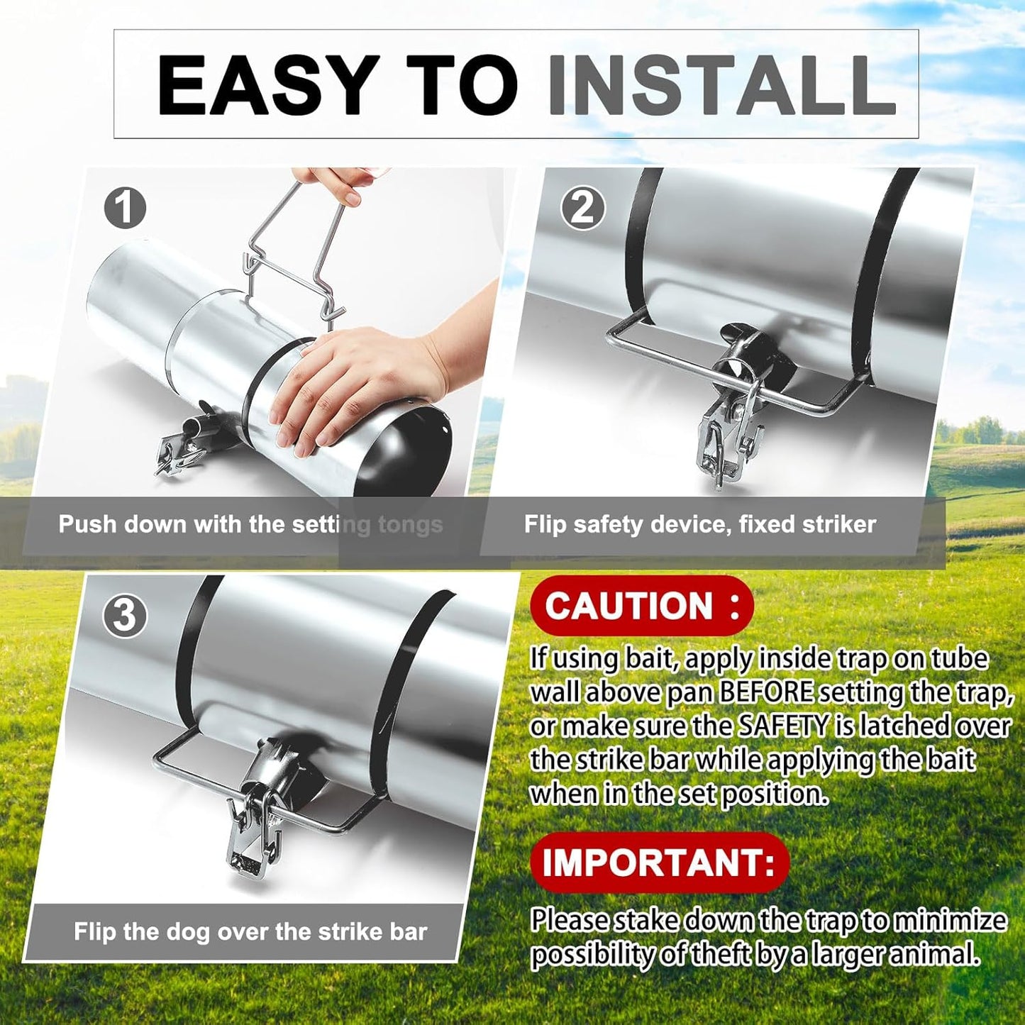 Qualirey Stainless Steel Tube Squirrel Trap Rust Resistant Trap 4.5'' in Diameter with a Setting Tong for Backyards Patios Gardens, Safe and Effective Pest Control Commercial and Residential Use 15''